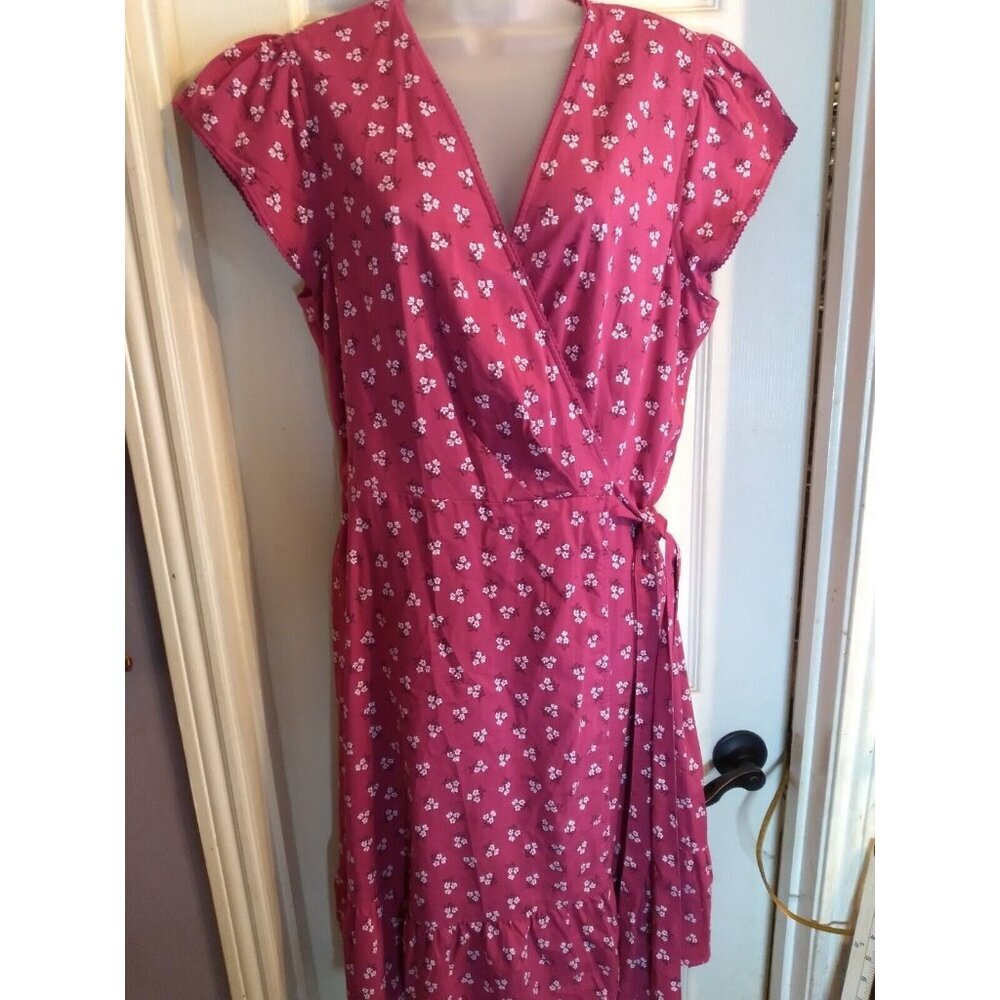 Draper James Wrap Dress Red Floral Ruffled Hem Sz 14 Bust 44 Length 39